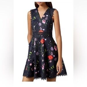 Ted Baker Hedgerow Floral V-Neck Fit & Flare Dress Navy Blue Size 1